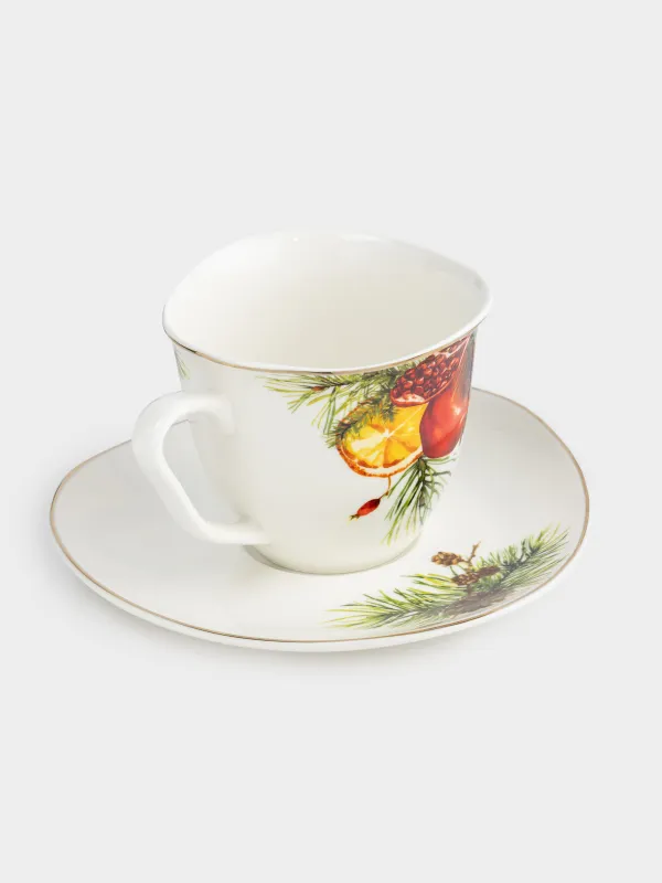 Tea pair, 1 person, 2 items, 250 ml, porcelain N, white, with golden edging, Pomegranates and orange, Christmas miracle, image-1