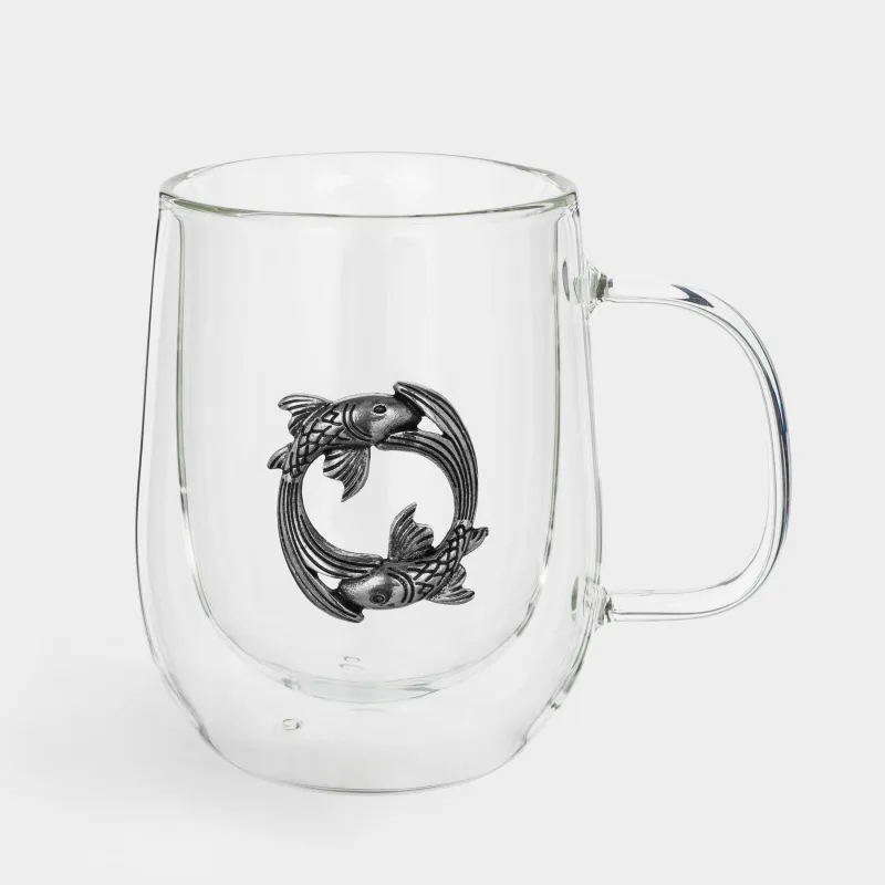 Mug, 350 ml, glass B / metal, Silver, Fish, Air zodiac