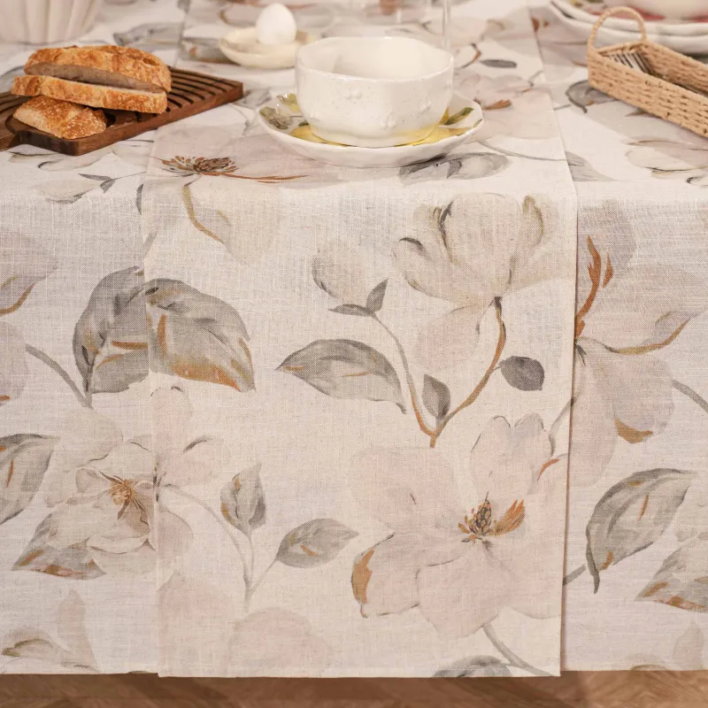 Table runner, 40x160 cm, polyester / linen, milky yellow, Flowers, Flowery flax