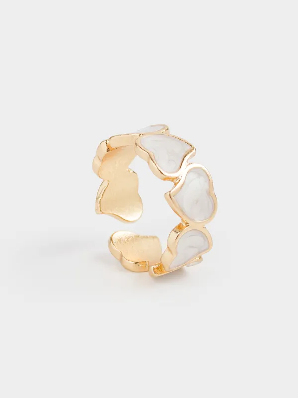 Ring, size S-M, single size, metal / acrylic, golden beige, Hearts, Jewelry heart, image-0