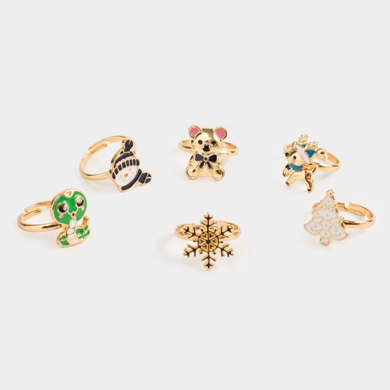 Set of rings, 6 pcs, children's, metal / enamel, New Year's symbols, Jewelry christmas