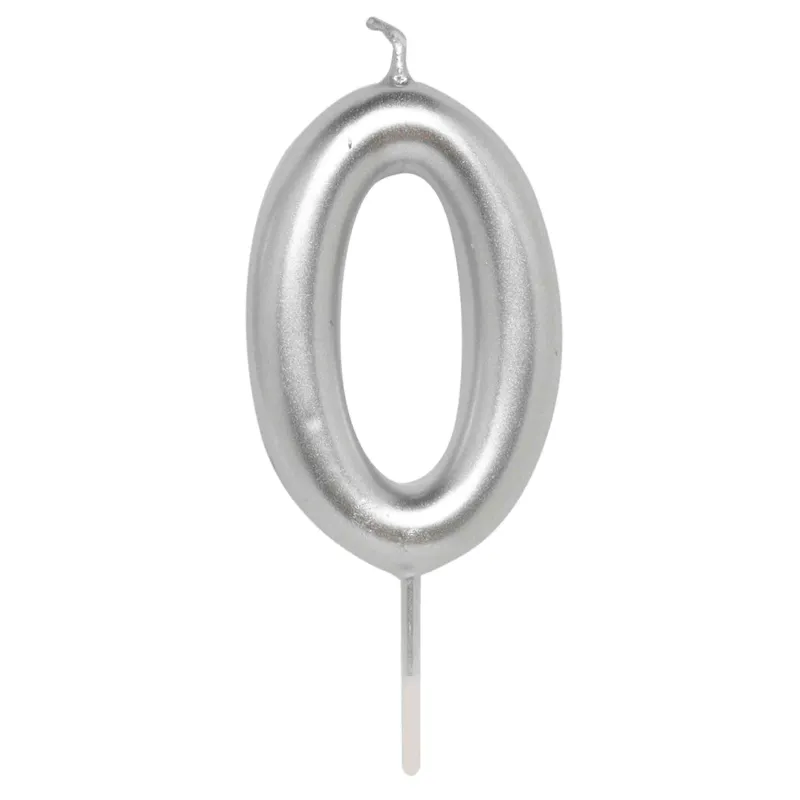 Cake candle, 8 cm, silver, Digit 0, Birthday party, image-0