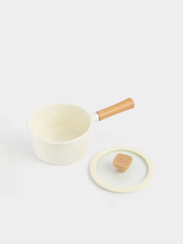 Saucepan, 16 cm, 1.6 l, with lid, enameled metal / wood, milky, Enamel wood, image-3
