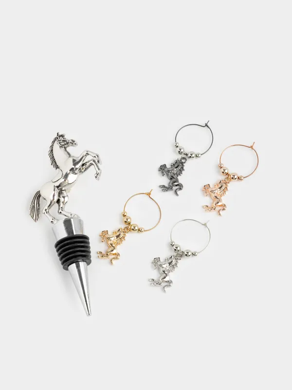 Bottle stopper with pendants, 5 items, metal / beads, Horse, Horse silver, image-1