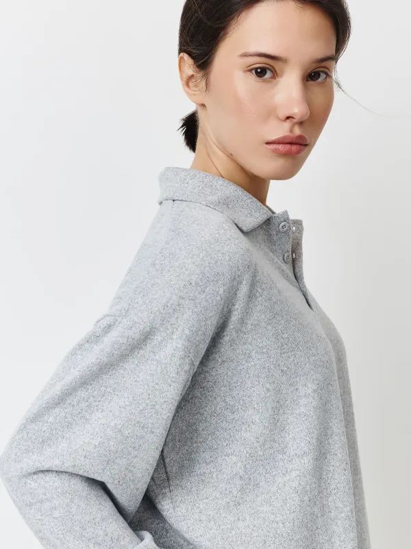 Women's jumper, homewear, size L, with polo collar, polyester/spandex, grey, Bertha, image-0