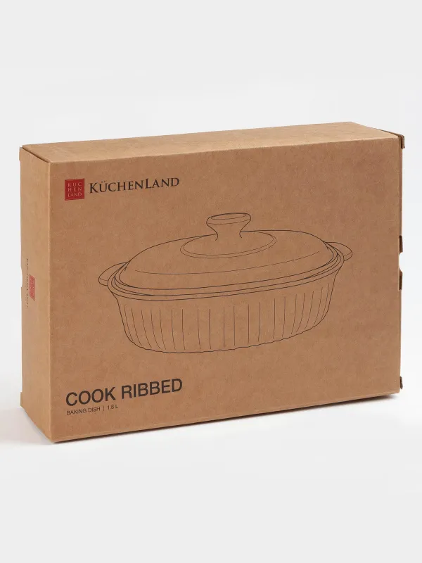 Baking dish, 27x19 cm, 1.8 L, with lid, glass T, Oval, Cook ribbed, image-9