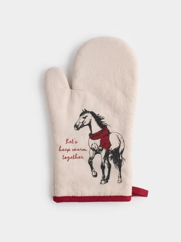 Potholder-mitt, 18x30 cm, cotton, grey-beige, Horse, Horse in scarf, image-0