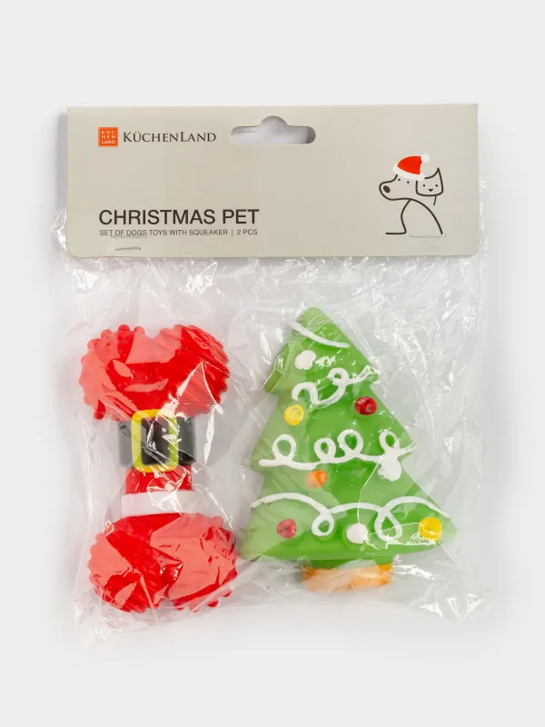 Dog toy set, 10 cm, 2 pcs, with squeaker, Rubber, Red / Green, Bone and Christmas Tree, Christmas pet, image-6