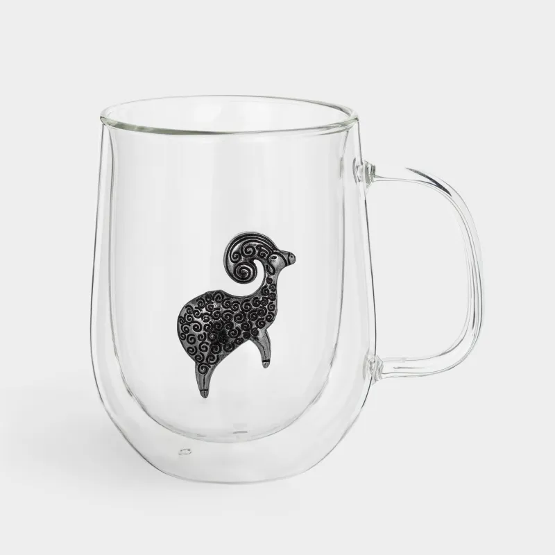 Mug, 350 ml, glass B /metal, silver, Aries, Air zodiac