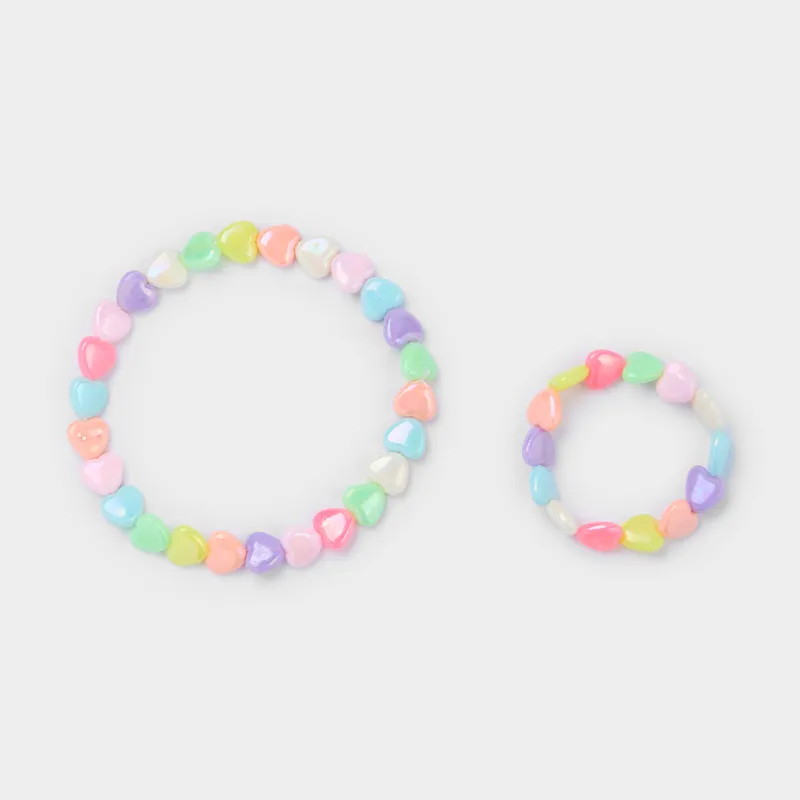 Jewelry set, 2 pieces, children's, plastic, bracelet/beads, Hearts, Jewelry kids