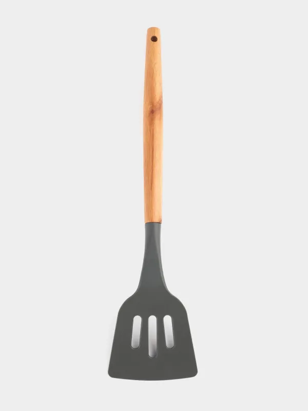 Spatula, 32 cm, slotted, silicone / wood, gray, Weekend, image-3