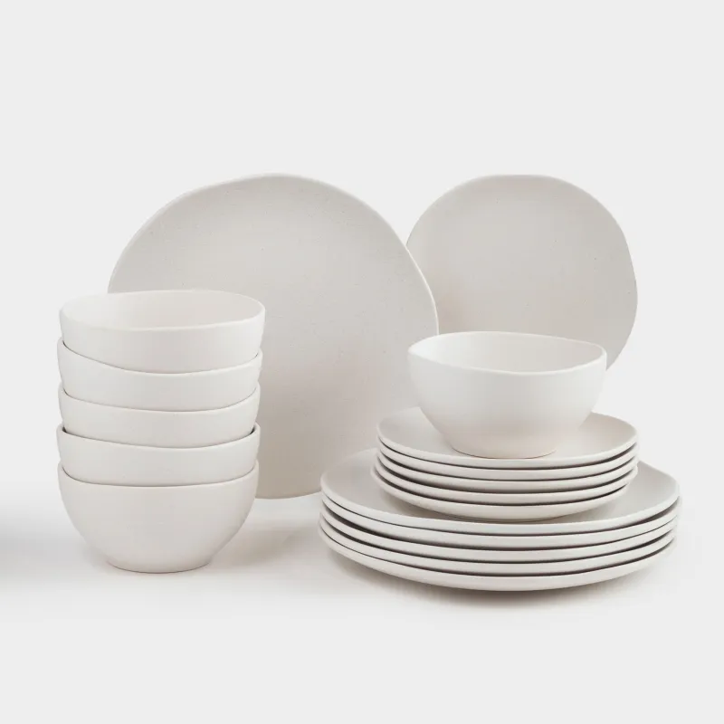 Dining set, 6 persons, 18 items, ceramic, milky, speckled, Uneven edge, Demicile light