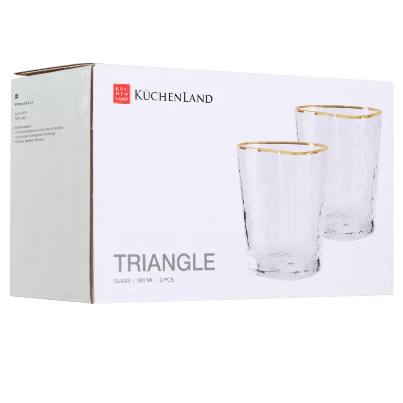 Drinking glass, 10 cm, 380 ml, 2 pcs, glass, golden edging, Triangle Gold, image-1
