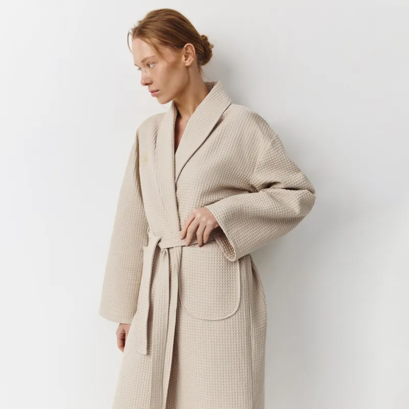 Women's robe, homewear, size L, with long sleeves, waffle, cotton, milky, Lucky, Stefani