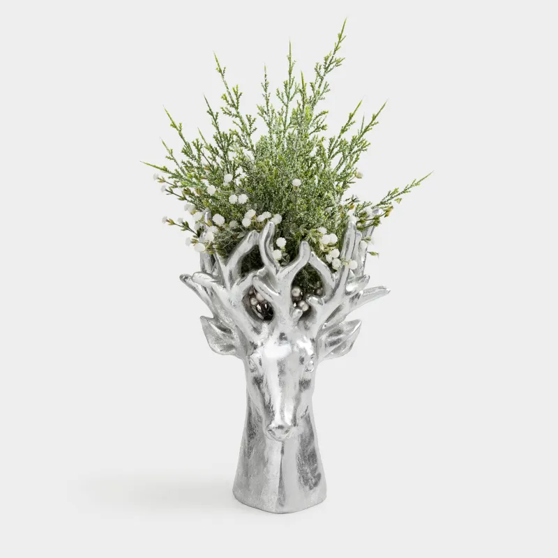 Decorative vase, 30 cm, polyresin, silver, Deer head, Deer sparks, image-6