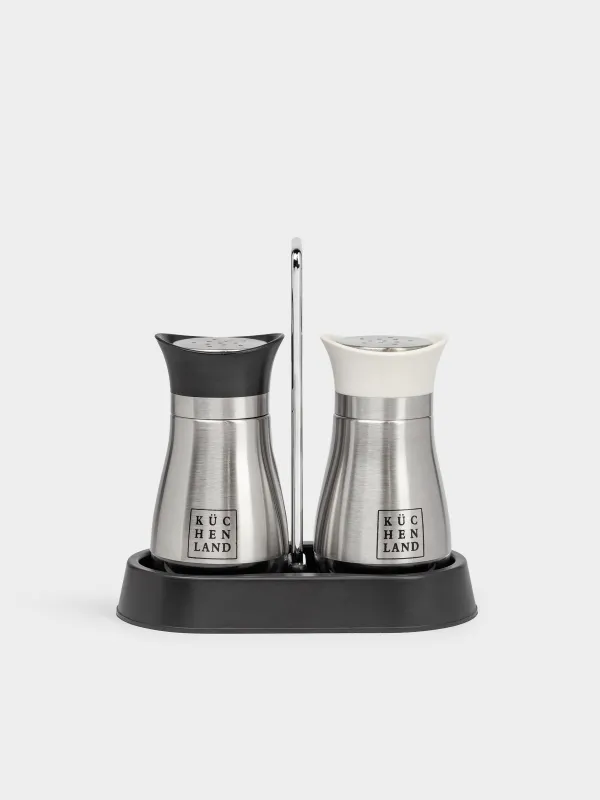 Salt and pepper set, 16 cm, on stand, steel / glass, black / beige, Classic, image-0
