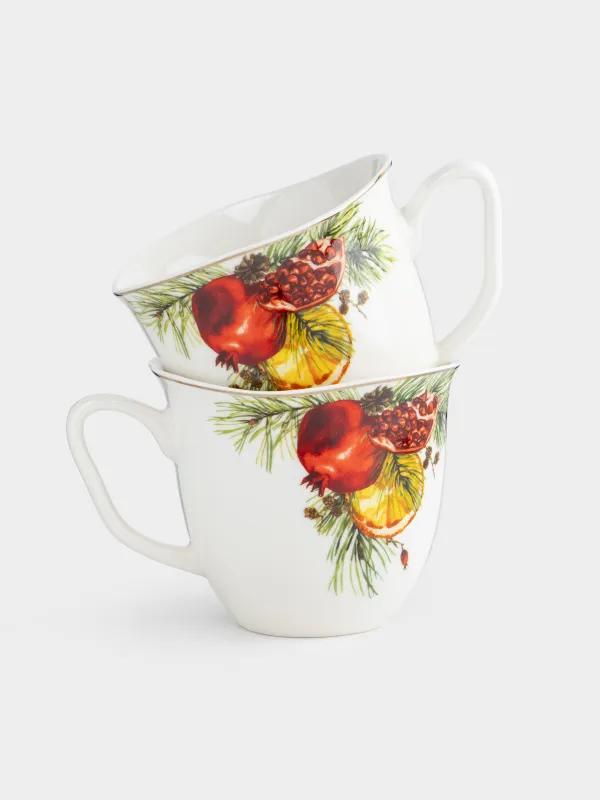 Mug, 320 ml, 2 pcs, porcelain N, white, with golden edging, Pomegranates and orange, Christmas miracle, image-0