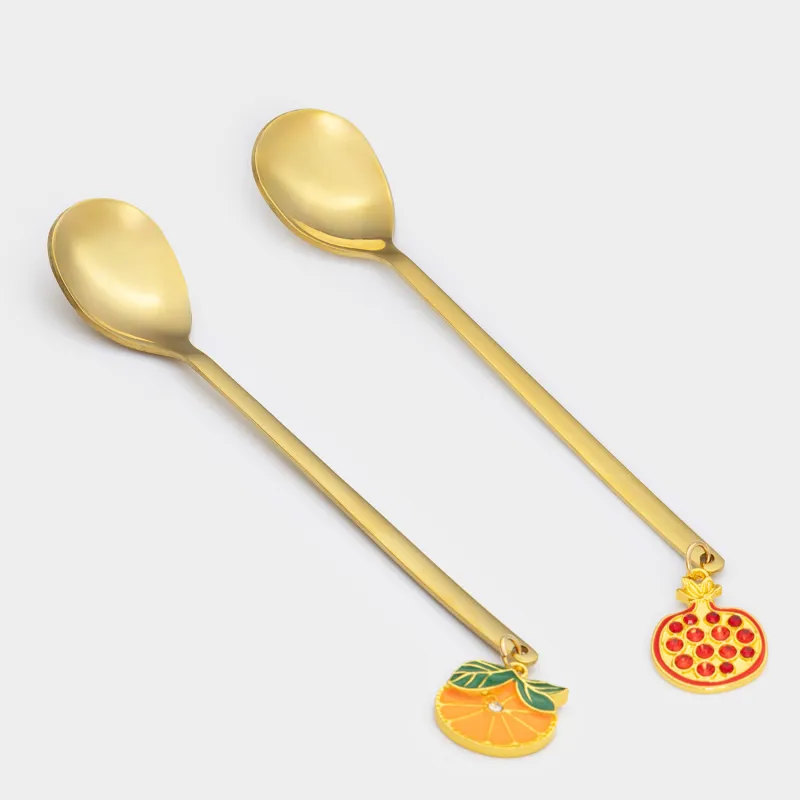 Dessert spoon, 14 cm, 2 pcs, steel, golden, Garnet and orange, Garnet gold
