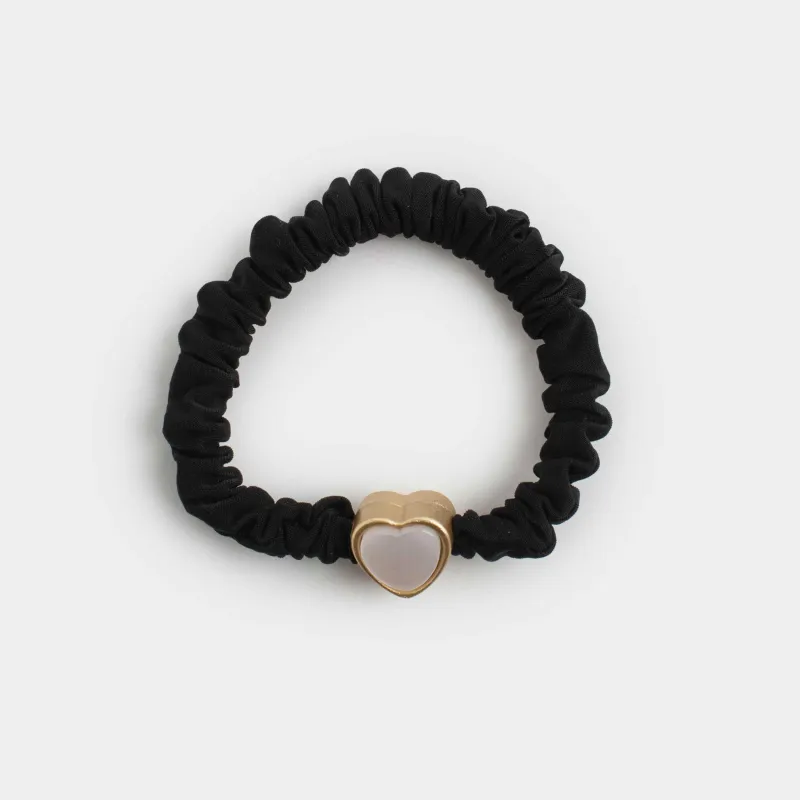 Hair tie, 6 cm, satin/plastic, black, Heart, Silk