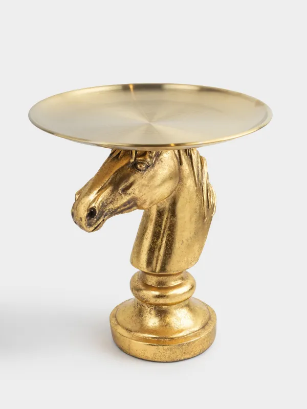 Decorative dish, 27x19 cm, on a leg, steel / polyresin, golden, Horse, Horse gold, image-3