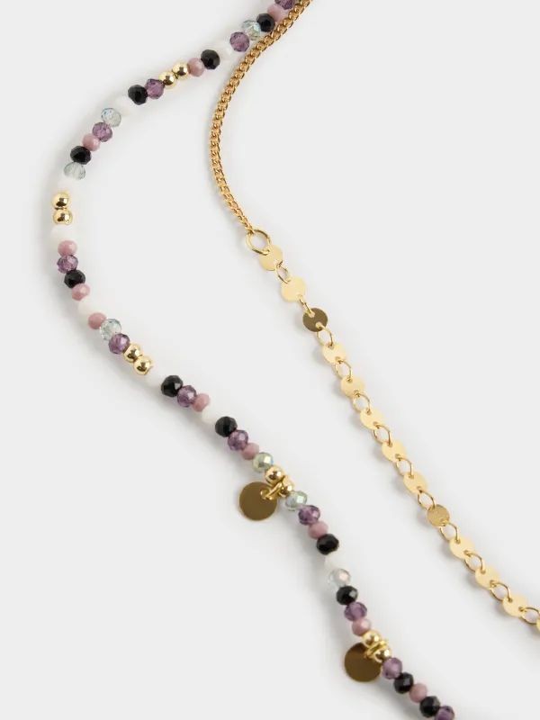 Chain, 52 cm, 2 pcs, metal / plastic, golden, colored stones, Mineral, image-1