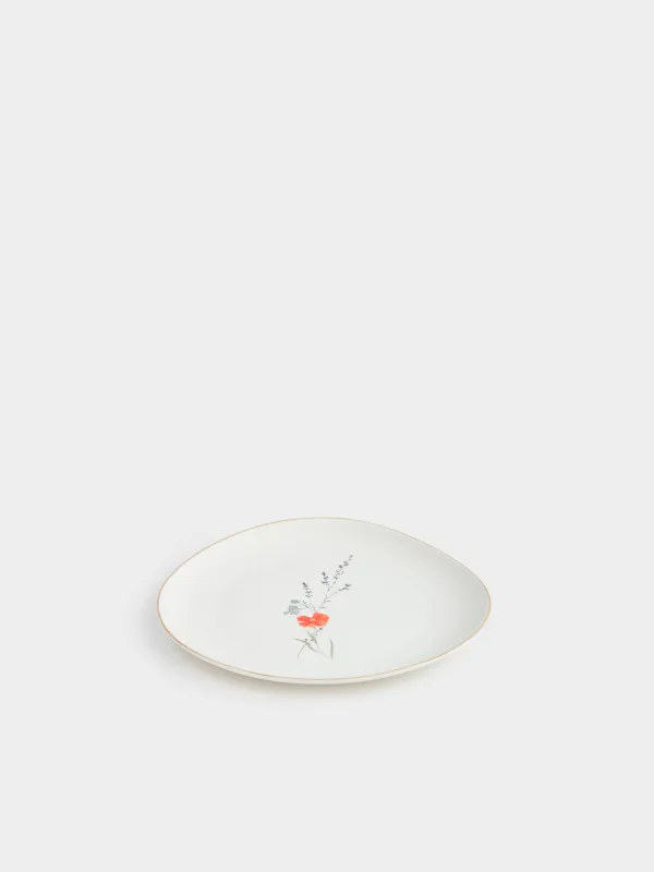 Snack plate, 21 cm, porcelain N, white, with golden edging, wildflowers, Yarrow, image-2