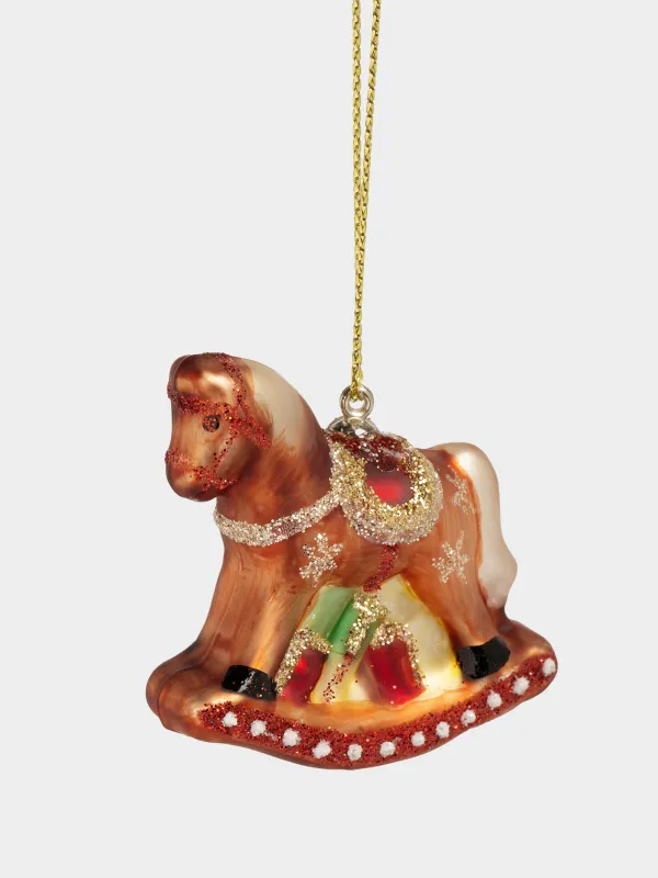 Christmas tree toy, 4 cm, glass, with glitter, brown, Rocking horse, Figure christmas, image-1