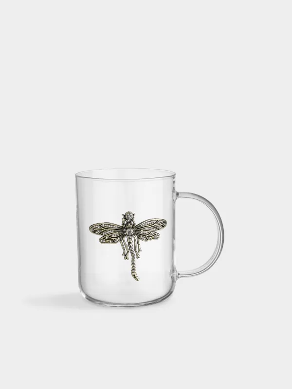 Mug, 450 ml, glass B / metal, Golden dragonfly, Lux elements, image-0