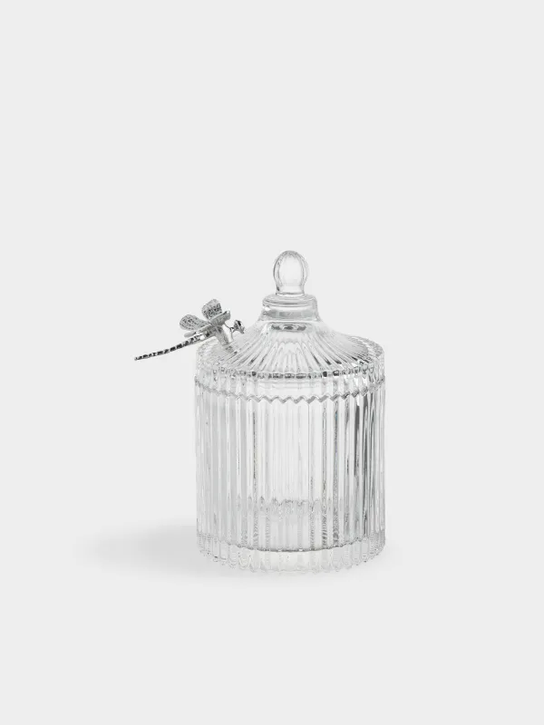 Candy bowl, 17x10 cm, 550 ml, with lid, glass R / metal, Silver dragonfly, Selene, image-0