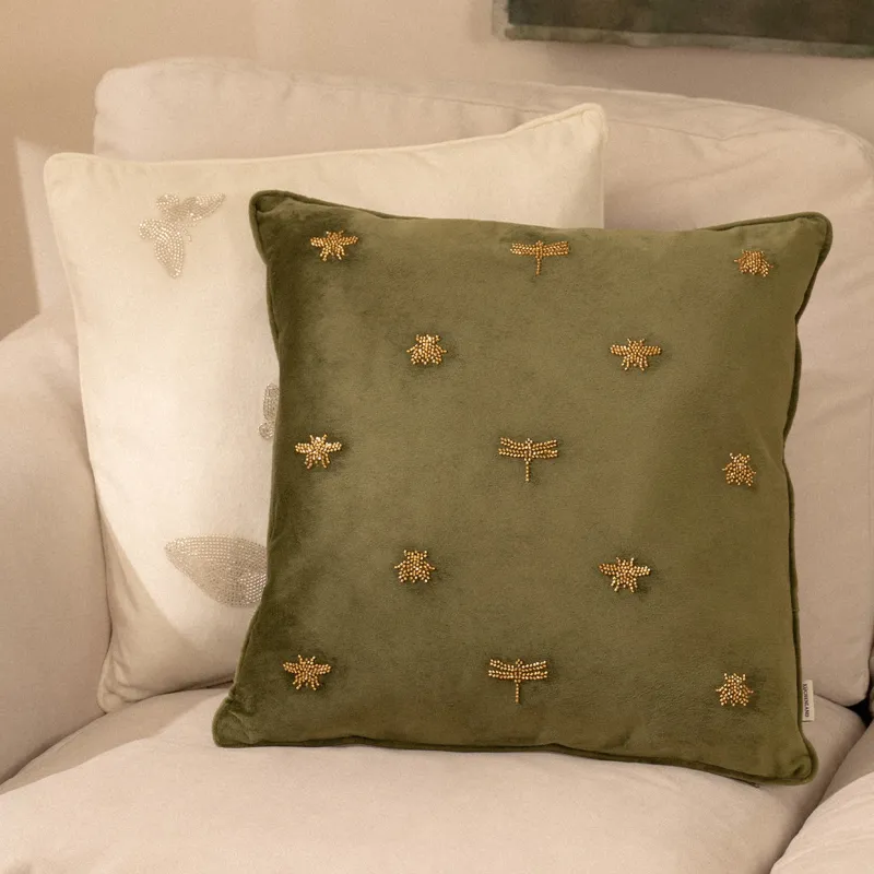 Decorative pillow, 45x45 cm, velvet/beads, milky, Dragonflies and beetles, Bugs