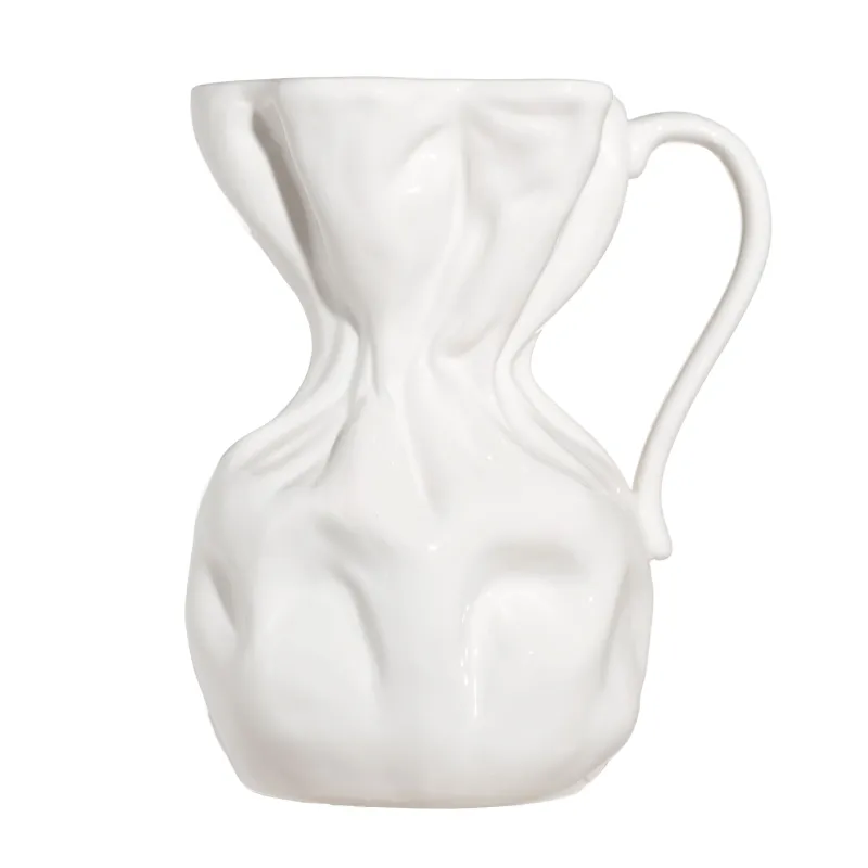Flower vase, 25 cm, ceramic, White, Crumpled effect, Crumple