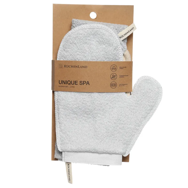 Shower set, 2 pcs, washcloth-band/washcloth-mitten, nylon / cotton, gray-blue, Unique spa, image-4