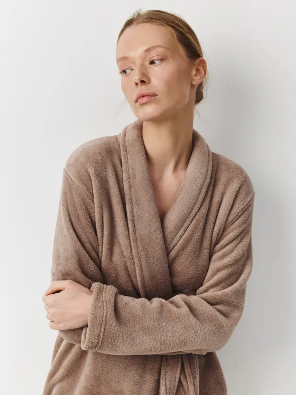 Women's robe, homewear, size L-XL, Long sleeve, polyester, mocha, Drew, image-2