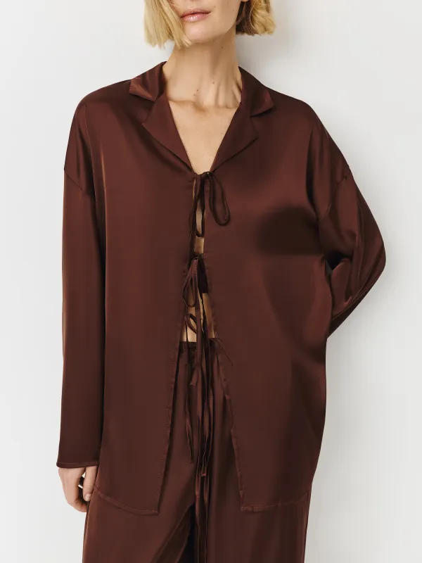 Women's shirt, homewear, size L, with long sleeve, with ties, polyester, brown, Derin, image-2