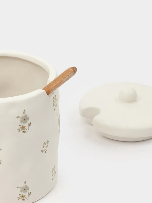 Sugar bowl, 11 cm, 370 ml, with spoon, ceramic / wood, milk, Vintage flowers, La flore, image-6