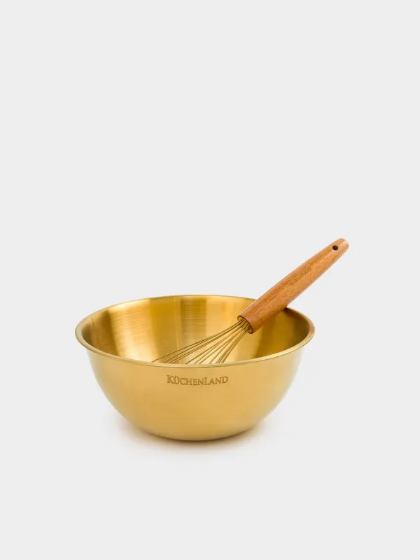 Baking set, 2 items, bowl / whisk, with measuring scale, steel / wood, golden, Classic gold, image-0