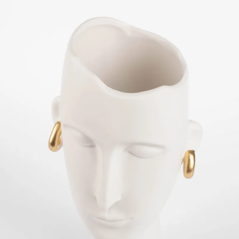 Flower vase, 34 cm, decorative, ceramic, white, Girl with golden earrings, Face, image-3