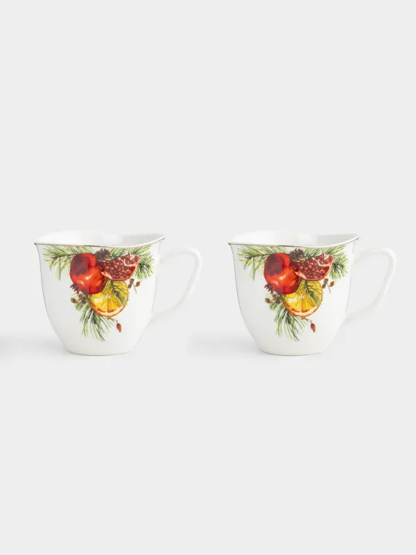 Mug, 320 ml, 2 pcs, porcelain N, white, with golden edging, Pomegranates and orange, Christmas miracle, image-1