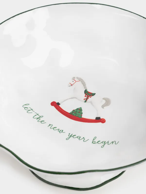 Fruit bowl, 27x12 cm, on a leg, ceramic, Horse, Christmas green, image-2