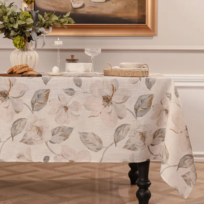 Tablecloth, 160x160 cm, polyester / linen, milk yellow, Flowers, Flowery flax