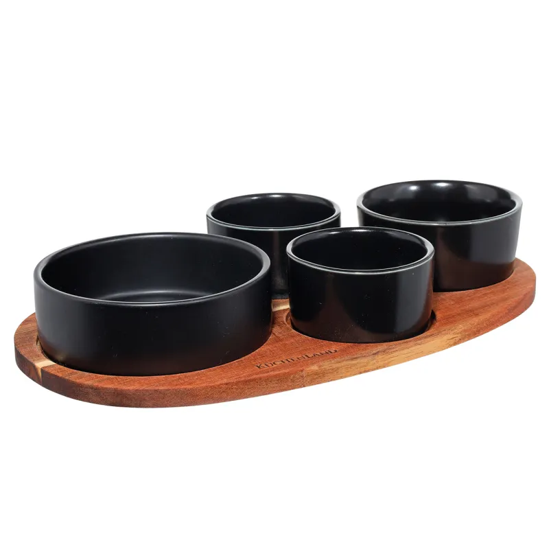 Snack set, 4 pcs, on a stand, ceramic / wood, black, Round bowls, Loft