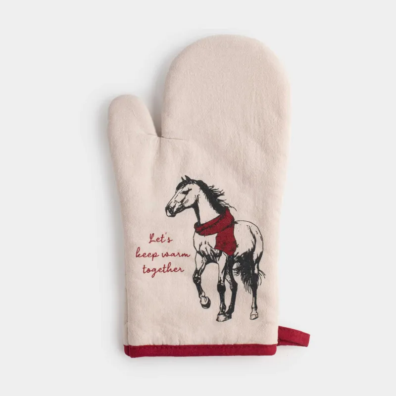 Potholder-mitt, 18x30 cm, cotton, grey-beige, Horse, Horse in scarf