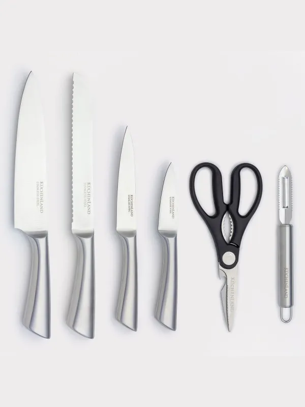 Knife set, 6 pcs, in stand, with peeler / scissors, steel / plastic, Pascale, image-1