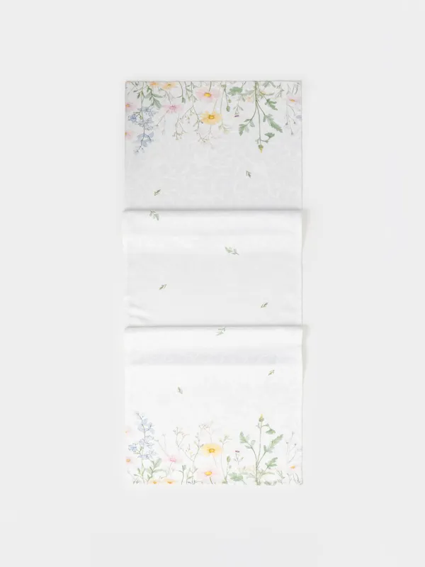 Table runner, 40x160 cm, jacquard, polyester, milky, Wildflowers, Petals serenity, image-0