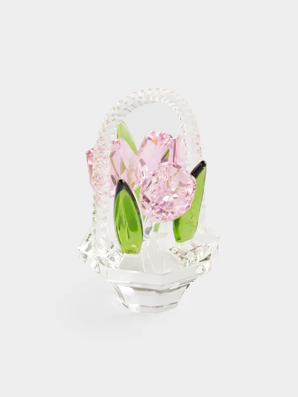 Statuette, 9 cm, crystal glass, pink, Tulips in a basket, Tulip garden, image-2
