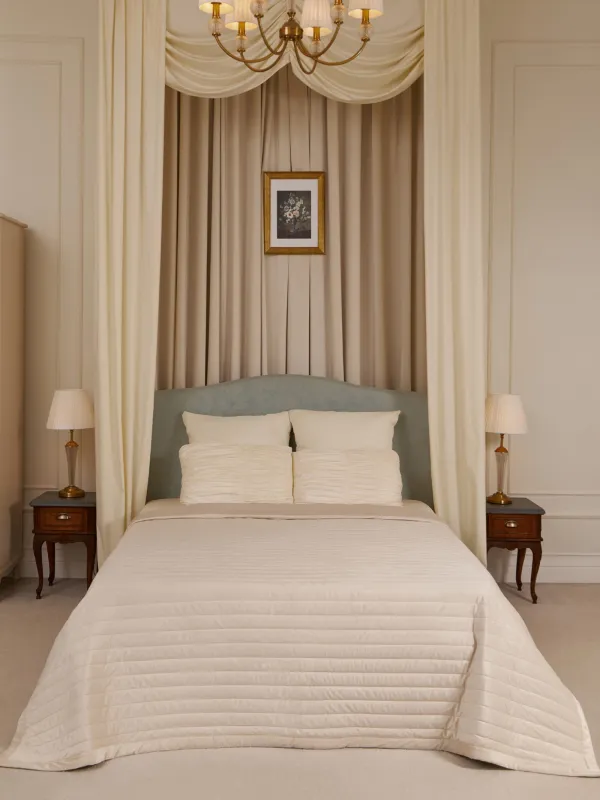 Bedspread, 220x240 cm, quilted, velvet/microfiber, beige, Stripes, Stitch velvet, image-0