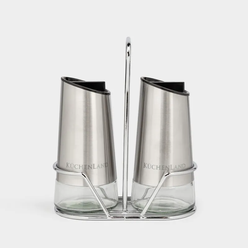 Salt and pepper set, 15 cm, on a stand, glass / metal, Classic color