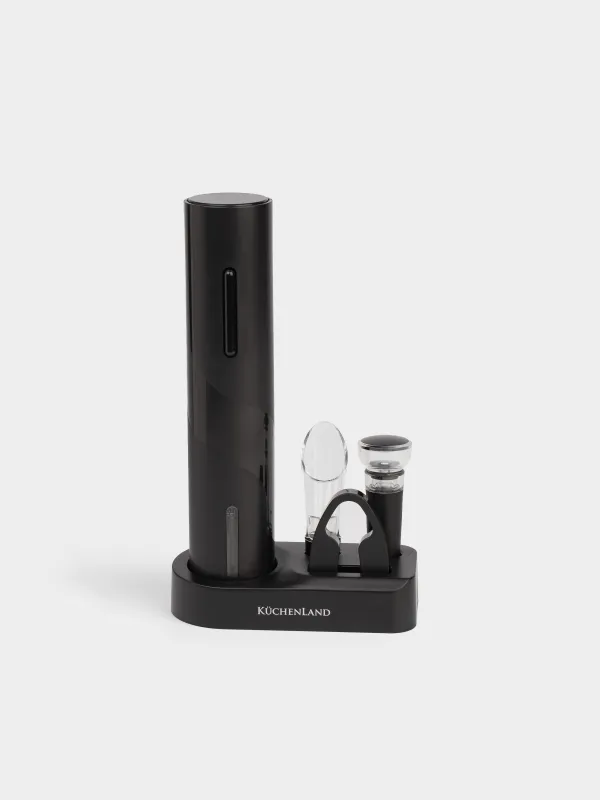 Drink set, 5 items, with vacuum stopper, on a stand, plastic / steel, black, Flux, image-0