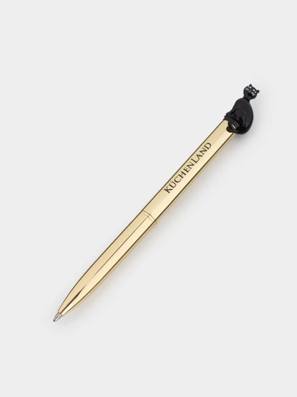 Ballpoint pen, 14 cm, with a figure, steel, gold, Black cat, Draw figure, image-1