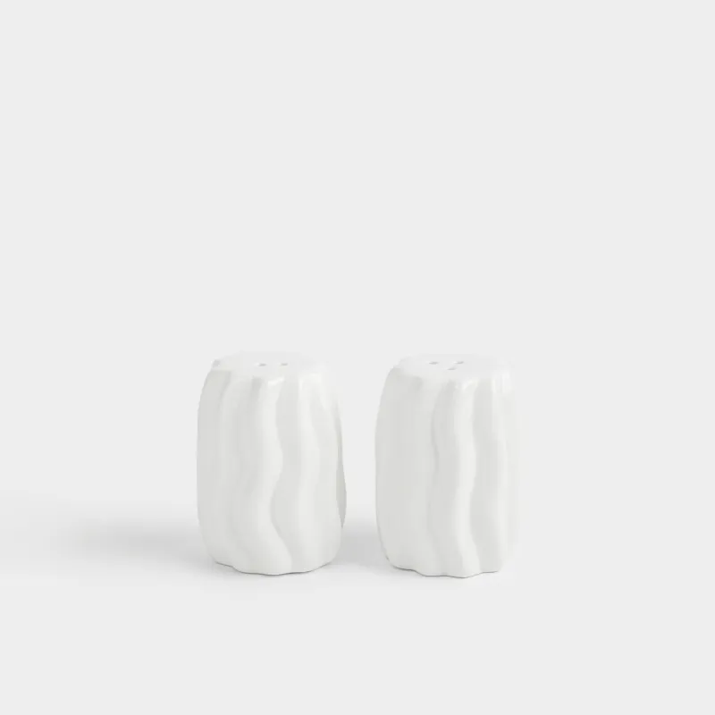 Salt and pepper set, 8 cm, Ceramic, Milky, Wavy edge, Crumple